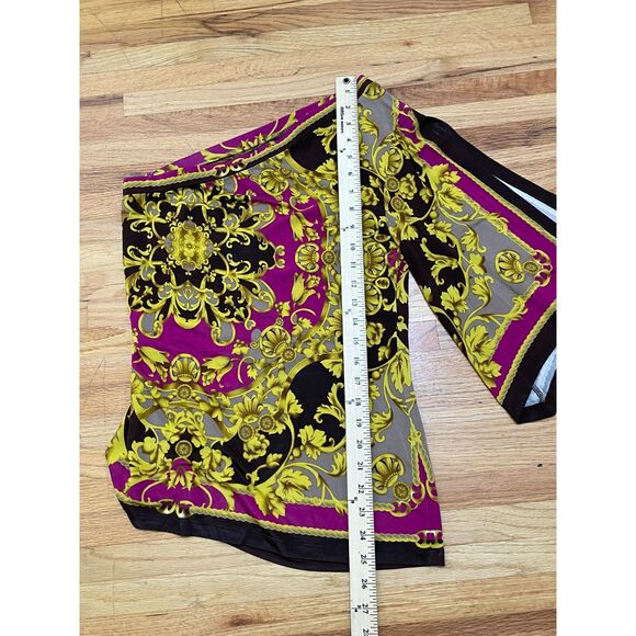 Cache Women's M Yellow Rayon Blouse Y2k Stretch Baroque Print Boho One Shoulder - Picture 6 of 7